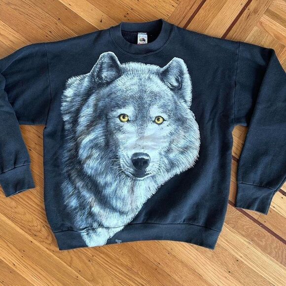 1993 Vintage Wolf Black Overprint Crewneck Pullover Sweatshirt Large Men Trinity - Picture 4 of 4